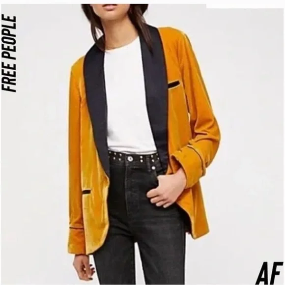 NWT Free People Golden Yellow Velvet Smoking Jacket. Size L. - Picture 2 of 7